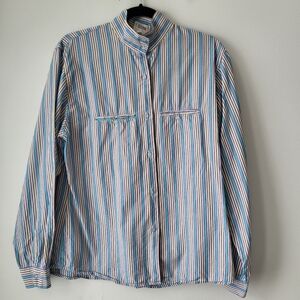 Vintage Sisley Striped Shirt Mock Neck Retro Layering Chic Button Down Shirt